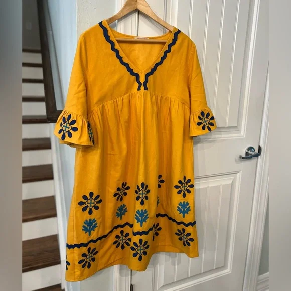 Soft Surroundings Petra Short Dress Women’s Large Yellow Embroidered Boho Tunic - Picture 5 of 6